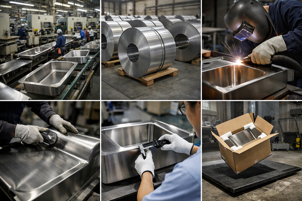 Inside a stainless steel sink manufacturer showing materials, process and QC