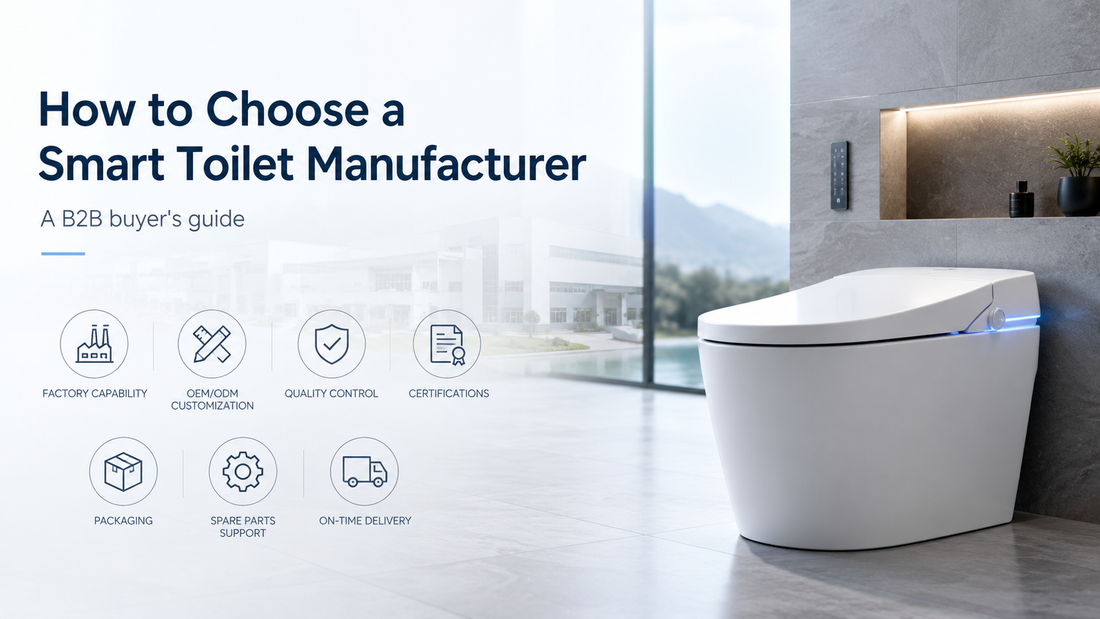 B2B guide banner on choosing a smart toilet manufacturer, featuring a modern smart toilet in a clean bathroom setting.