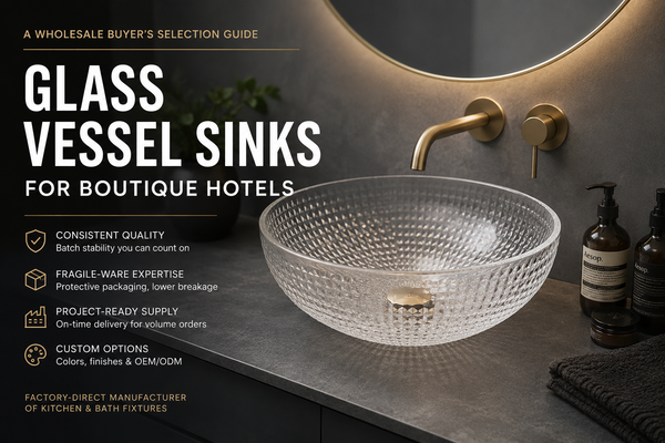 Glass vessel sinks displayed in a boutique hotel bathroom