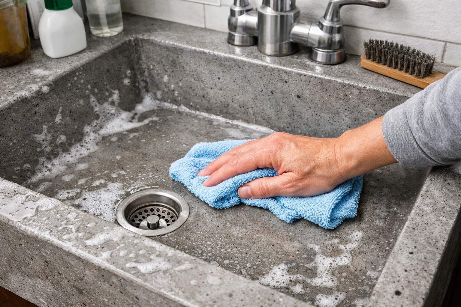 Concrete sink being cleaned without damaging the surface
