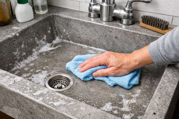 Concrete sink being cleaned without damaging the surface
