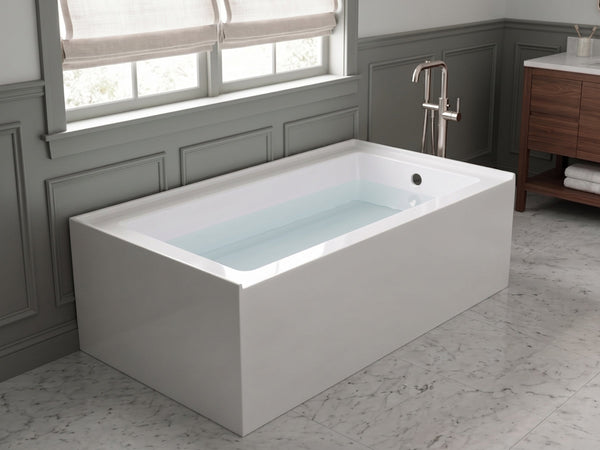 SANIKB BTS6030R 60x30 white acrylic alcove bathtub with apron front installed in a bathroom