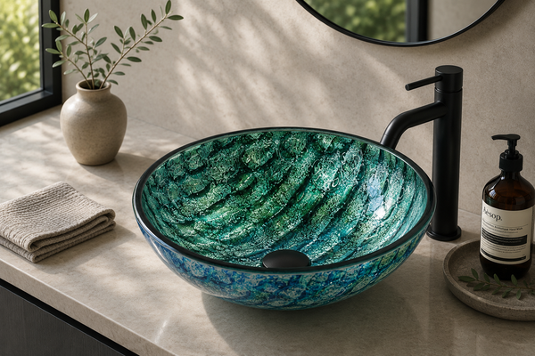 green tempered glass vessel sink for bathroom vanity