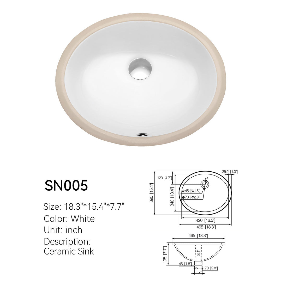 White ceramic undermount basin SN005 with round bowl, drain opening, and product size drawing