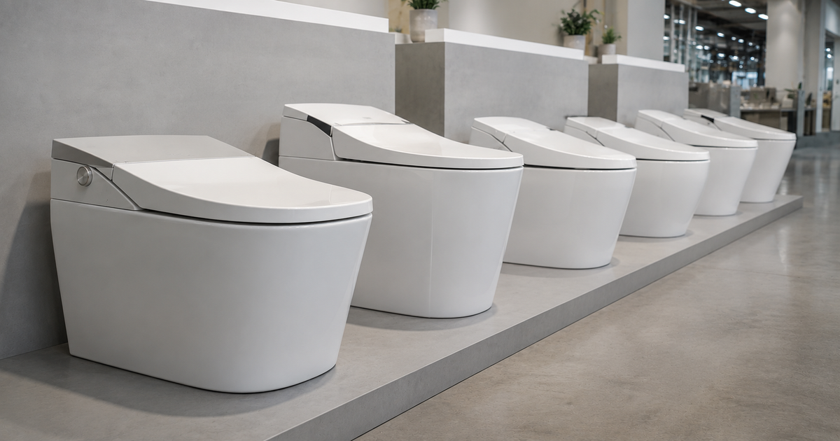 Row of modern one-piece smart toilets in a showroom — SANIKB