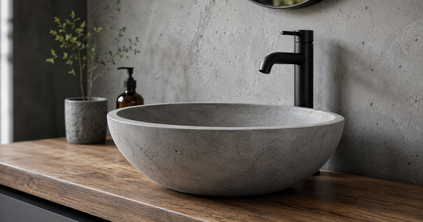 Matte grey concrete vessel basin on a wood vanity — SANIKB