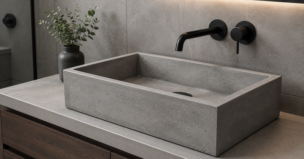 Modern concrete bathroom vessel sink with a matte black wall faucet — SANIKB