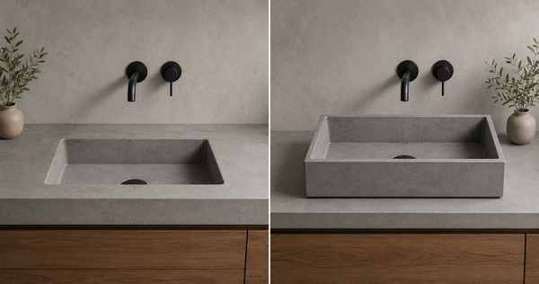 Integrated concrete countertop sink compared with a separate concrete basin — SANIKB