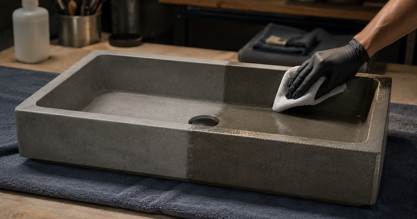 Concrete sink being refinished with sealer — SANIKB