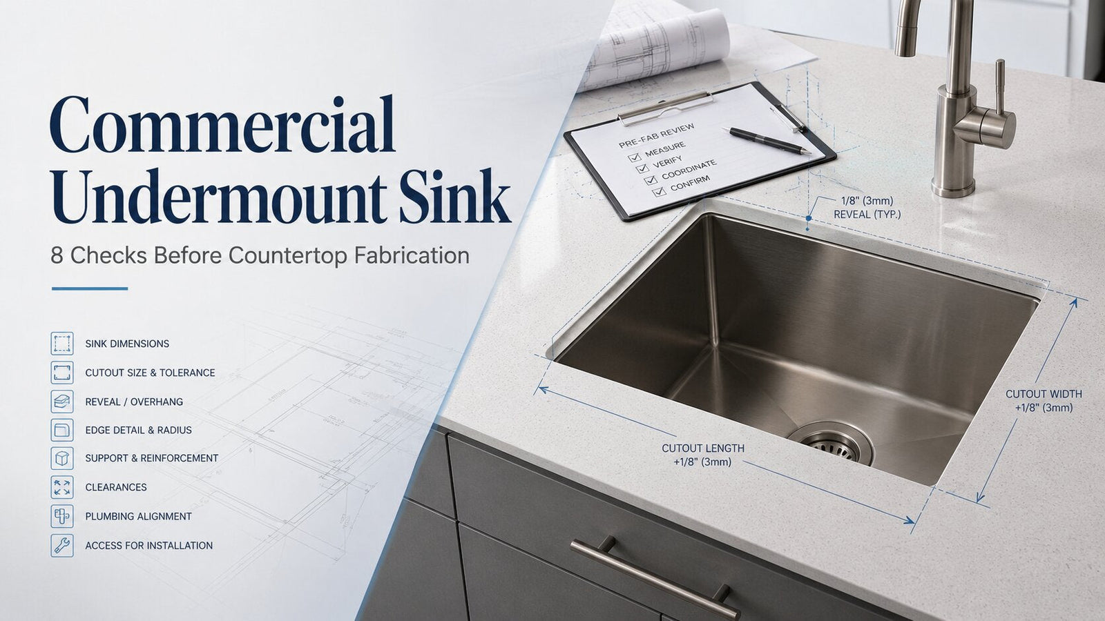 Commercial undermount sink with countertop cutout measurements, reveal details, and a pre-fabrication review checklist.