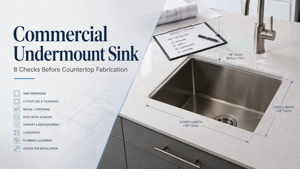 Commercial undermount sink with countertop cutout measurements, reveal details, and a pre-fabrication review checklist.
