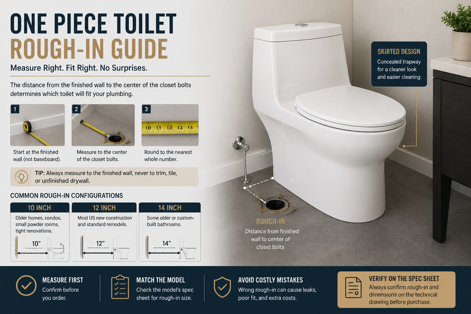 One-Piece Toilet Rough-In Guide: How to Measure 10", 12" & 14" Correctly
