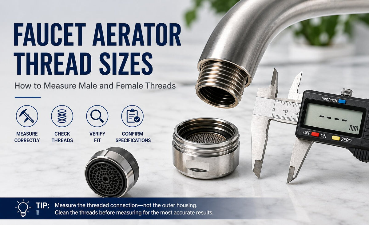 Digital caliper beside a threaded faucet spout and removed aerator components for measuring faucet aerator thread size