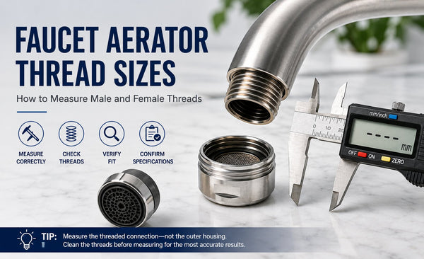 Digital caliper beside a threaded faucet spout and removed aerator components for measuring faucet aerator thread size