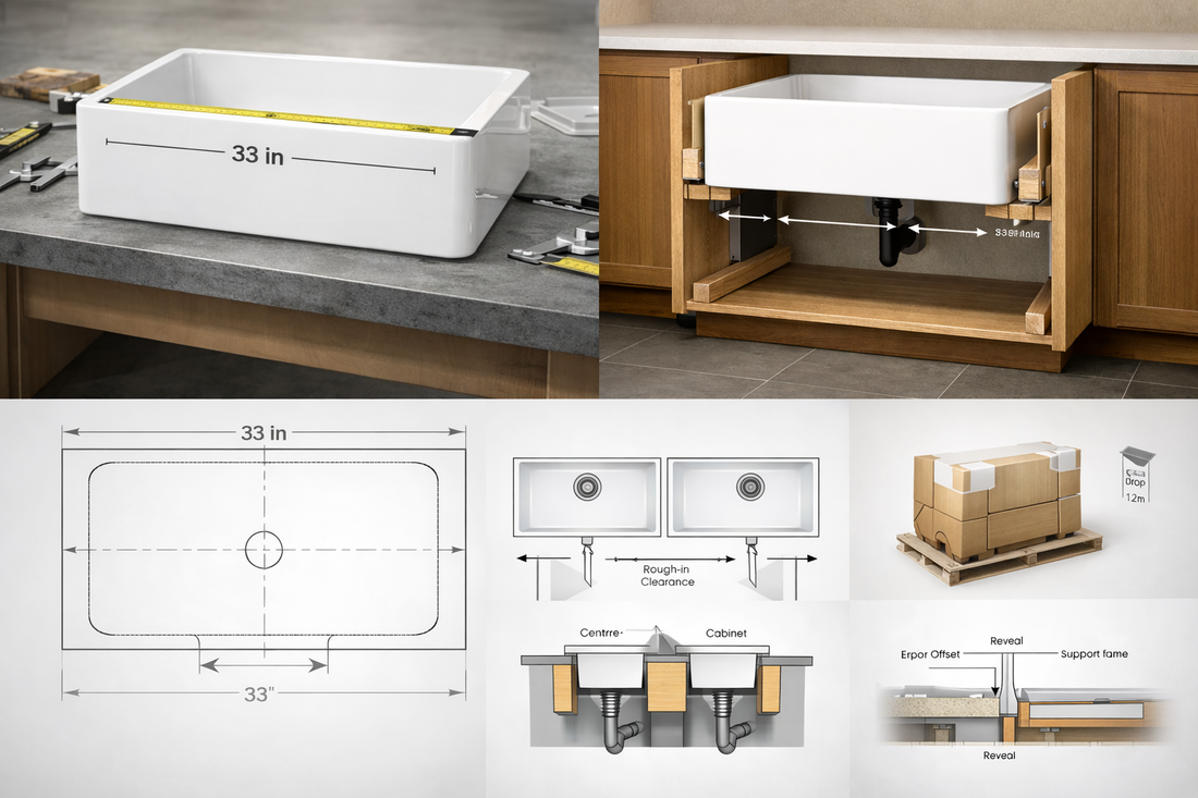 33 Inch Fireclay Farmhouse Sink Spec Guide: Cabinet Fit, Cutout & Drain Position