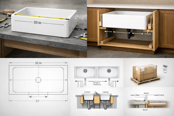 33-inch fireclay farmhouse sink spec drawing with cabinet and drain dimensions