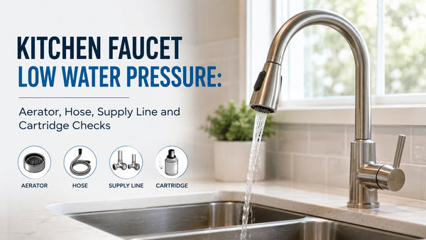 Pull-down kitchen faucet with weak water flow beside aerator, hose, supply line, and cartridge check icons