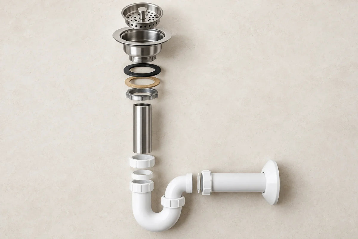 Exploded view of kitchen sink drain parts: basket strainer, sealing washers, tailpiece, P-trap and trap arm.