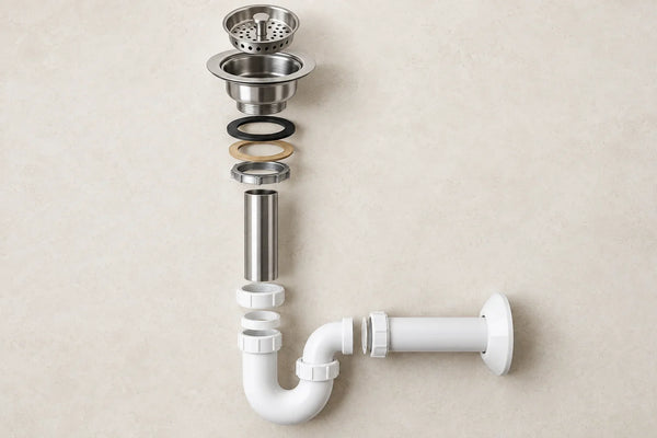 Exploded view of kitchen sink drain parts: basket strainer, sealing washers, tailpiece, P-trap and trap arm.