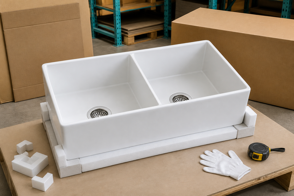 White 36-inch double-bowl fireclay sink on padded supports during receiving inspection