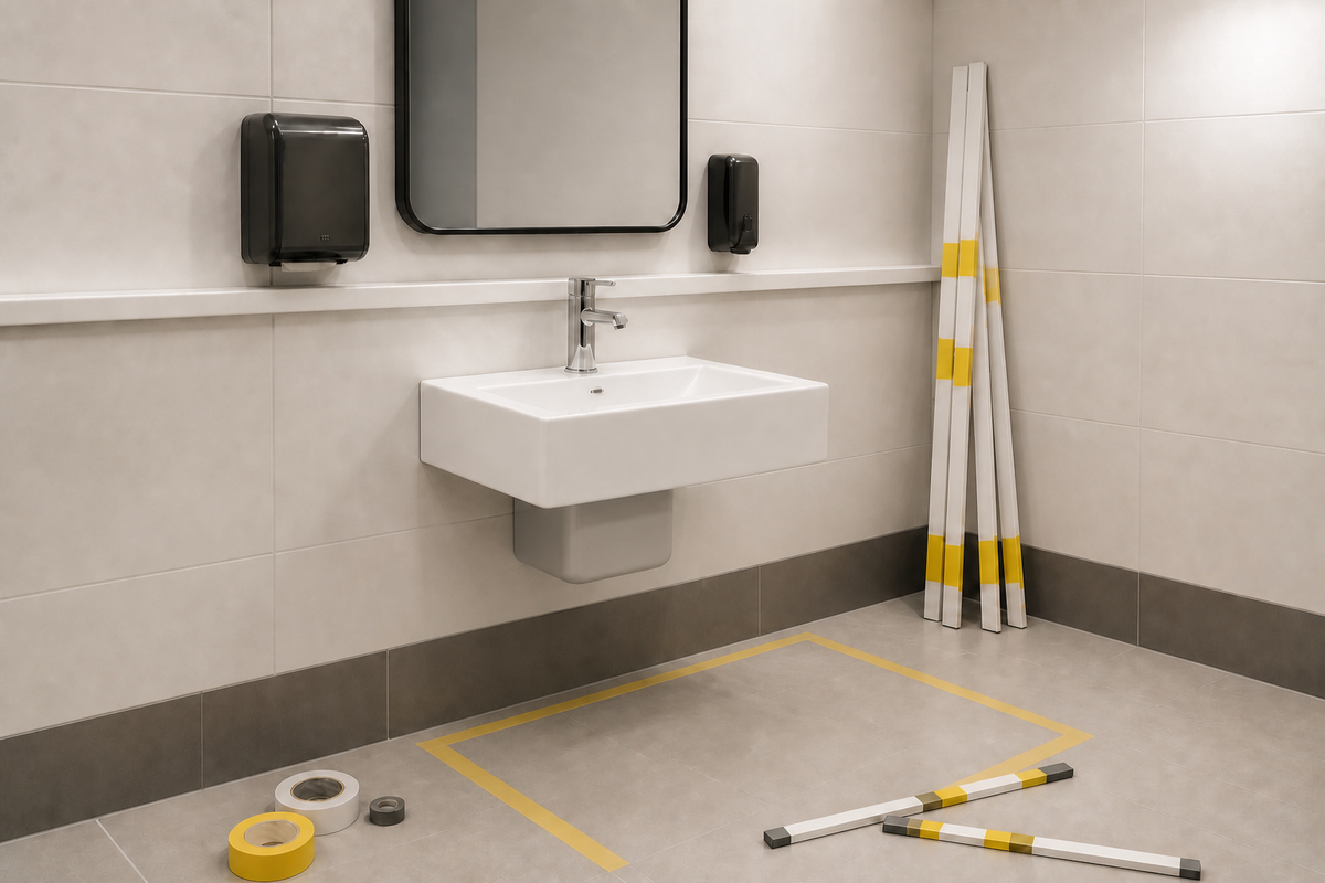Wall-hung bathroom sink with open knee space and protected plumbing in an accessibility mock-up