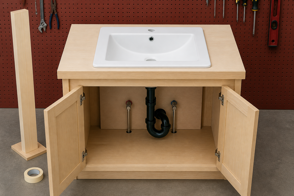 Drop-in bathroom sink mock-up with open cabinet showing drain, trap and hot and cold supplies
