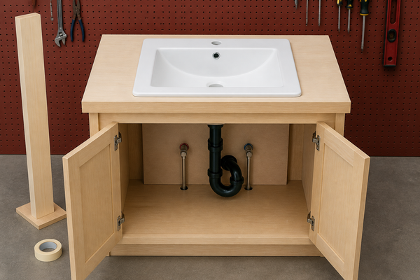 Drop-in bathroom sink mock-up with open cabinet showing drain, trap and hot and cold supplies