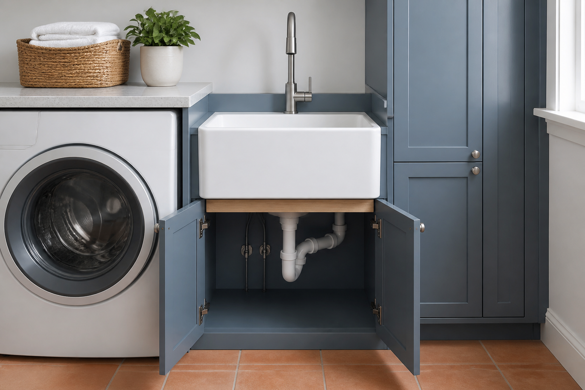 Compact white fireclay apron sink supported in an open laundry-room cabinet beside a washer