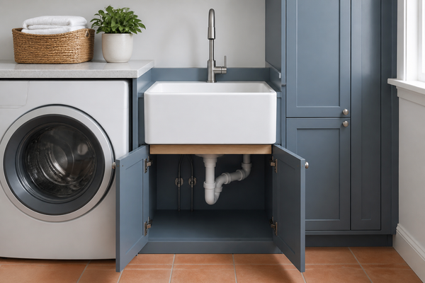 Compact white fireclay apron sink supported in an open laundry-room cabinet beside a washer