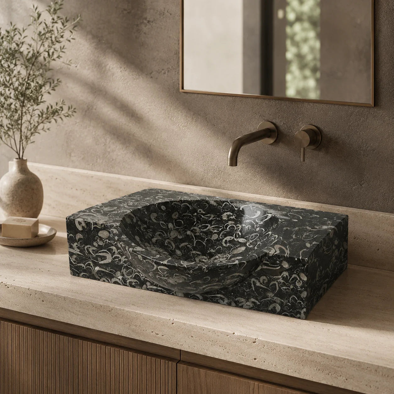 Black fossil limestone stone vessel basin, a natural soapstone alternative