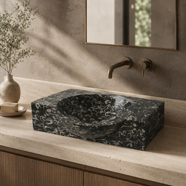 Black fossil limestone stone vessel basin, a natural soapstone alternative