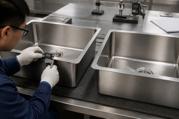 Inspector measuring two undermount stainless steel sinks for a gauge comparison