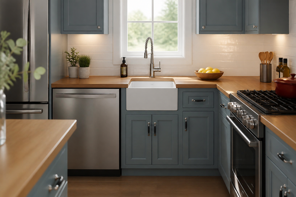 Compact kitchen with a 24-inch sink base cabinet and installed sink