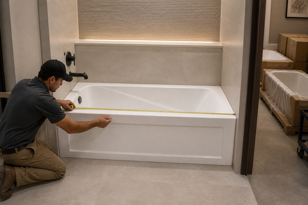 Contractor measuring an acrylic alcove bathtub in a hotel bathroom mock-up
