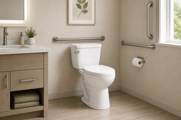 Comfort-height two-piece toilet with grab bars in an accessible bathroom