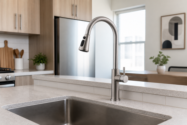 SANIKB FYF-05015 pull-down faucet installed in a rental apartment kitchen