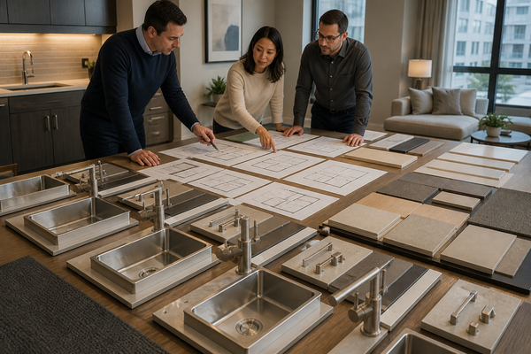 Property team standardizing identical plumbing fixture samples across apartment plans