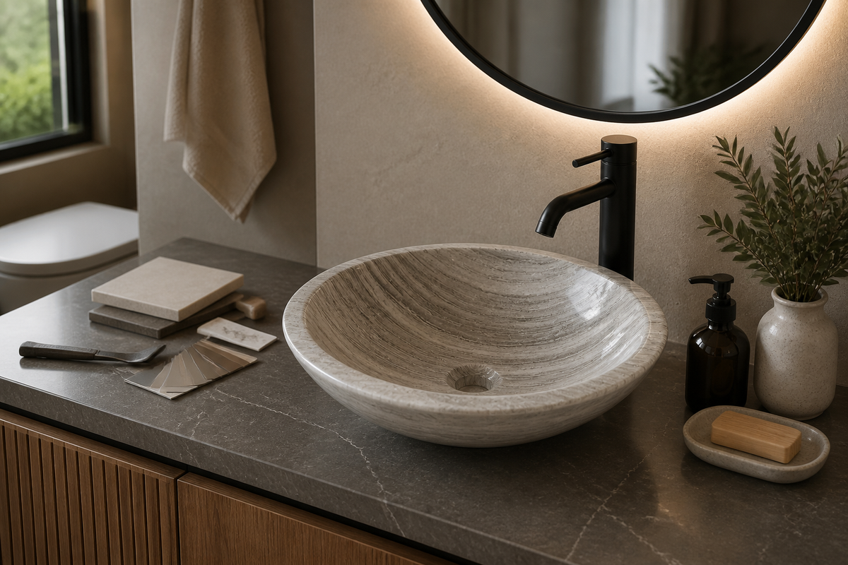 Natural-stone vessel basin installed in a refined bathroom renovation