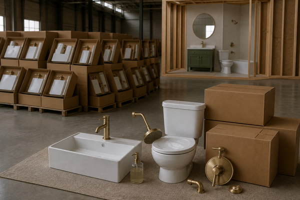 Coordinated builder bathroom fixture packages staged beside a model bathroom