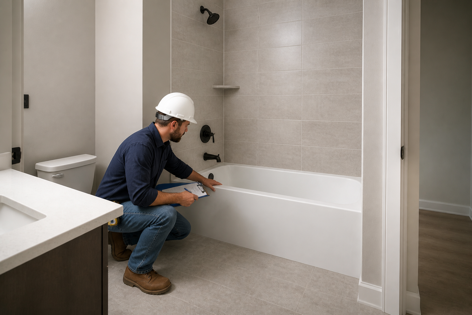 Contractor inspecting a white alcove bathtub in an apartment bathroom