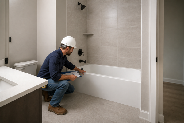 Contractor inspecting a white alcove bathtub in an apartment bathroom
