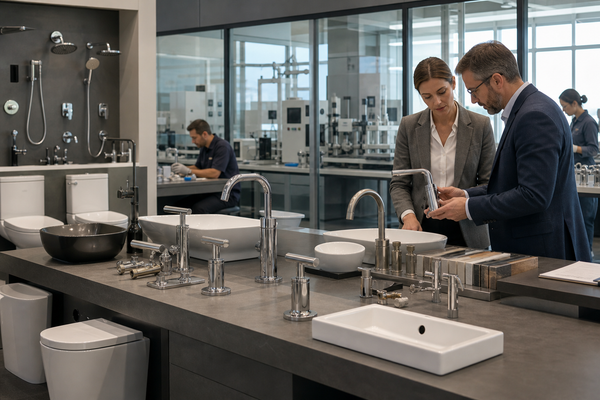 Contractor and distributor evaluating commercial bathroom fixtures in a QC showroom