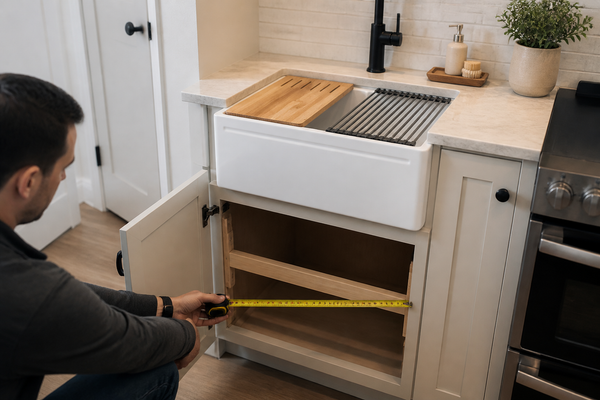 Compact SANIKB fireclay workstation sink fitted to a 24-inch base cabinet
