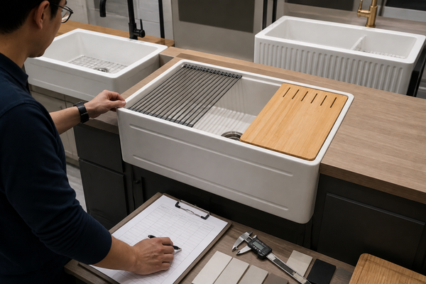 Buyer comparing SANIKB fireclay farmhouse sink workmanship in a sourcing showroom