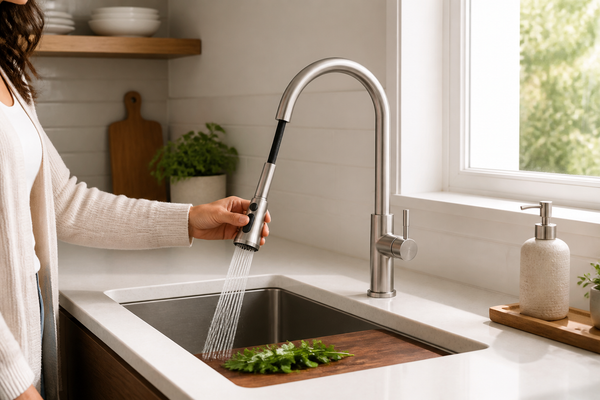 SANIKB FYF-05015 pull-down kitchen faucet demonstrating its spray function