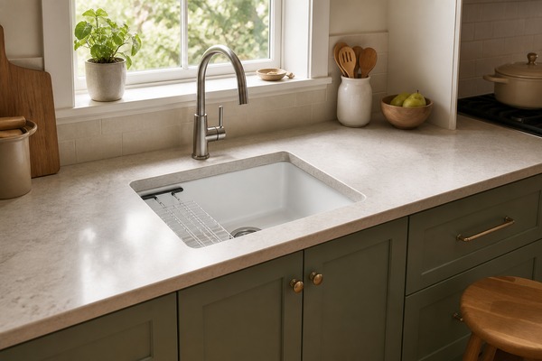 White undermount fireclay kitchen sink installed in a compact kitchen