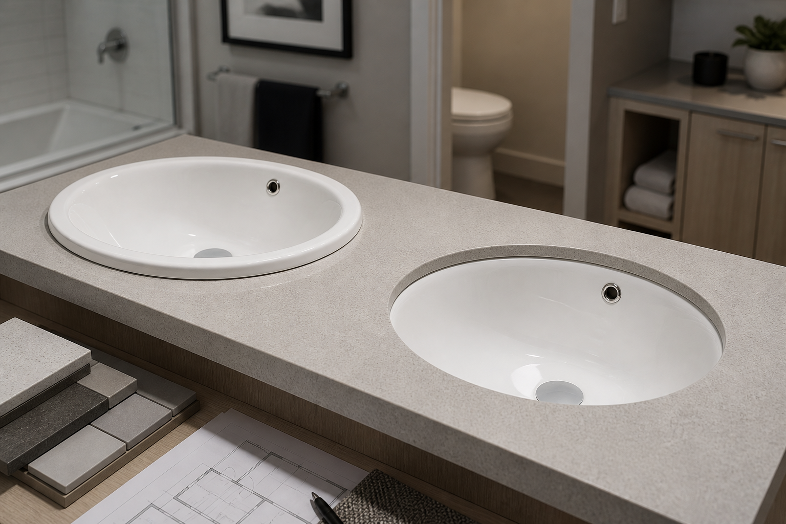 Drop-in and undermount white bathroom sinks compared for apartment projects