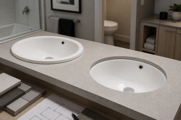 Drop-in and undermount white bathroom sinks compared for apartment projects