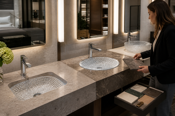 Hotel designer comparing undermount, drop-in and vessel bathroom basins
