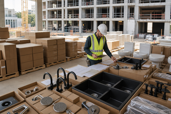 Coordinated plumbing fixture packages staged for a construction project